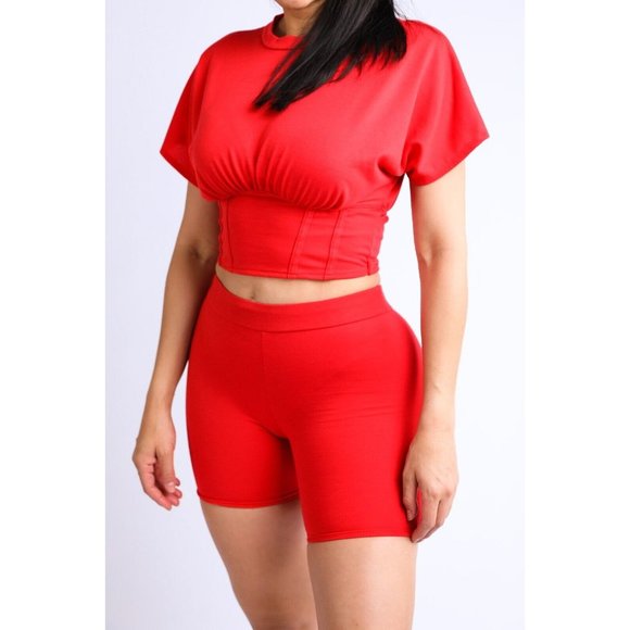 Pants - Women's Short Sleeves Corseted Top And Matching Biker Shorts 2 Piece Outfit Set